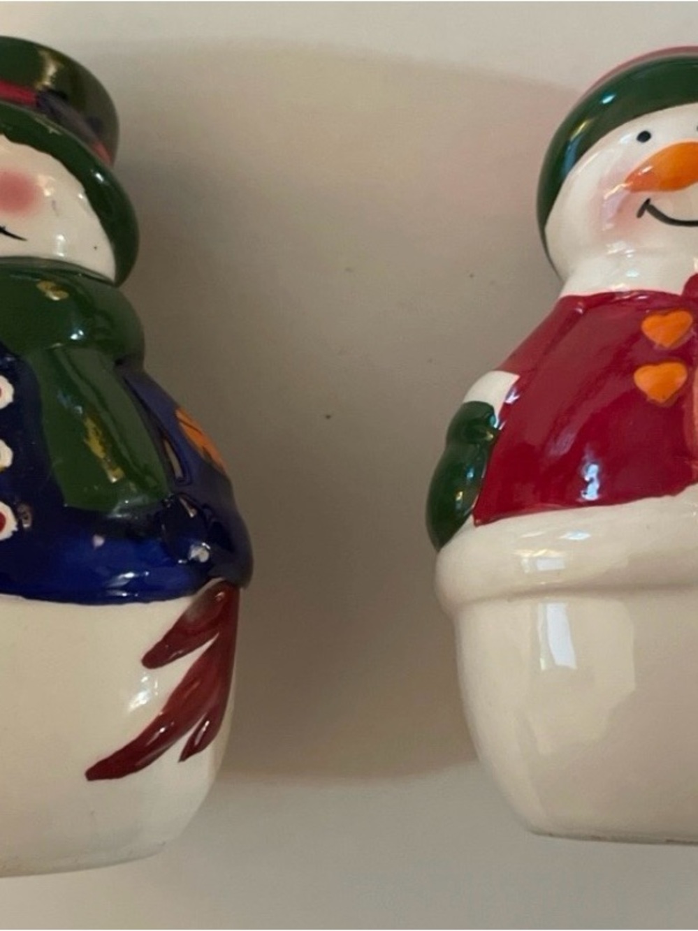Festive Ceramic Snowman Salt and Pepper Shakers - Red & Blue Coats